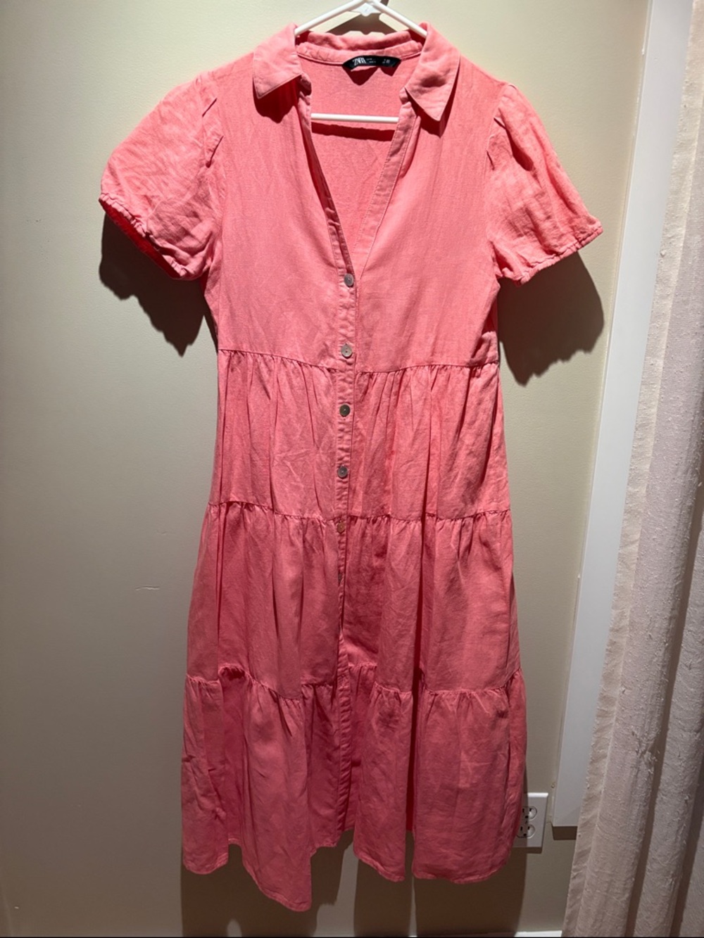 Zara Coral Button-Down Tiered Midi Dress